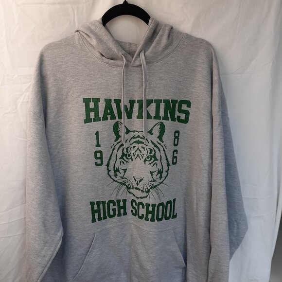 New XL Hawkins HS 1986 Tiger Mascot - Stranger Things - Gray Pullover Hoodie - Picture 1 of 7